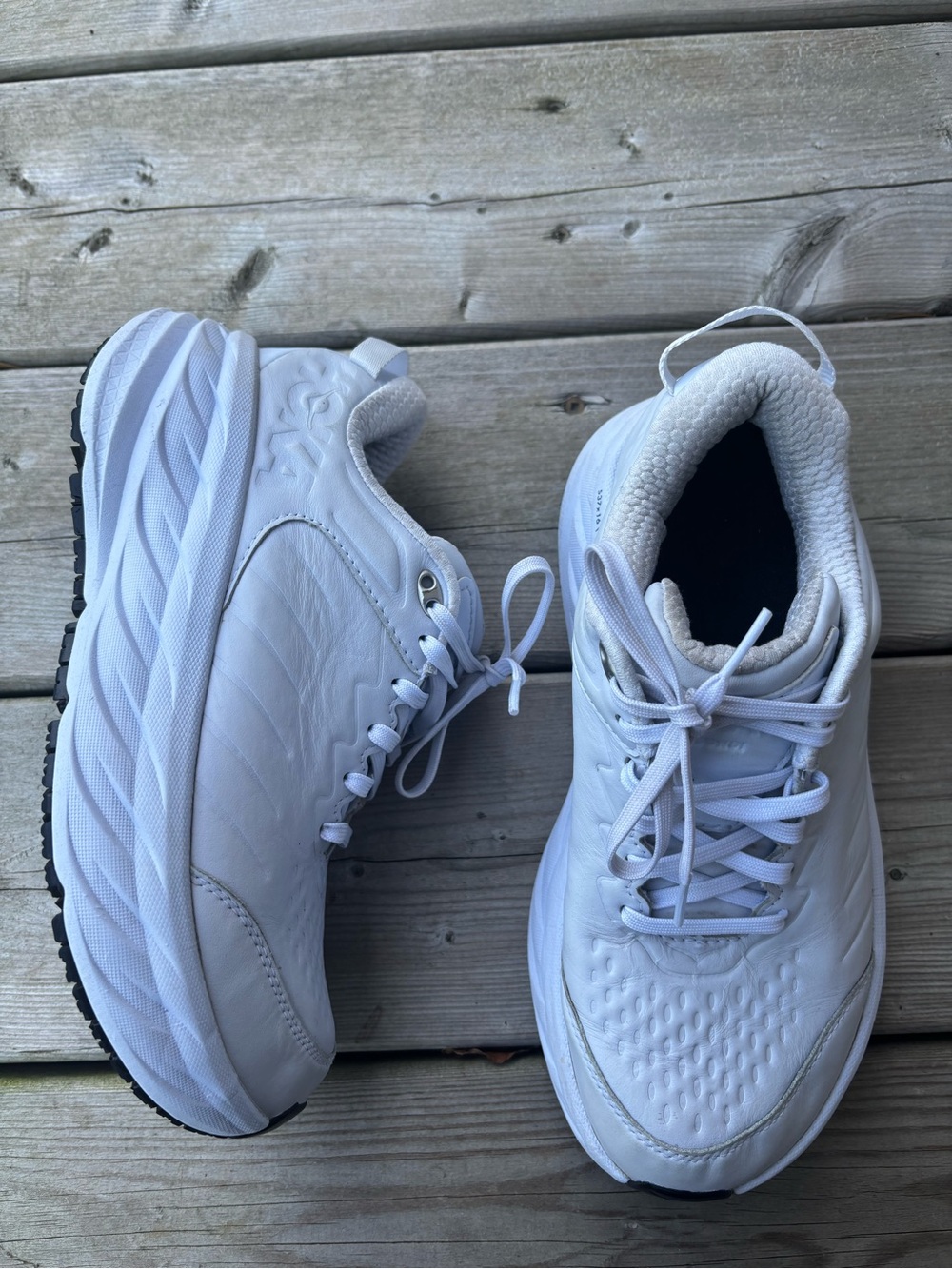 Women's 7 WIDE Hoka One One Bondi SR White Leather Sneakers Running Shoes Chunky